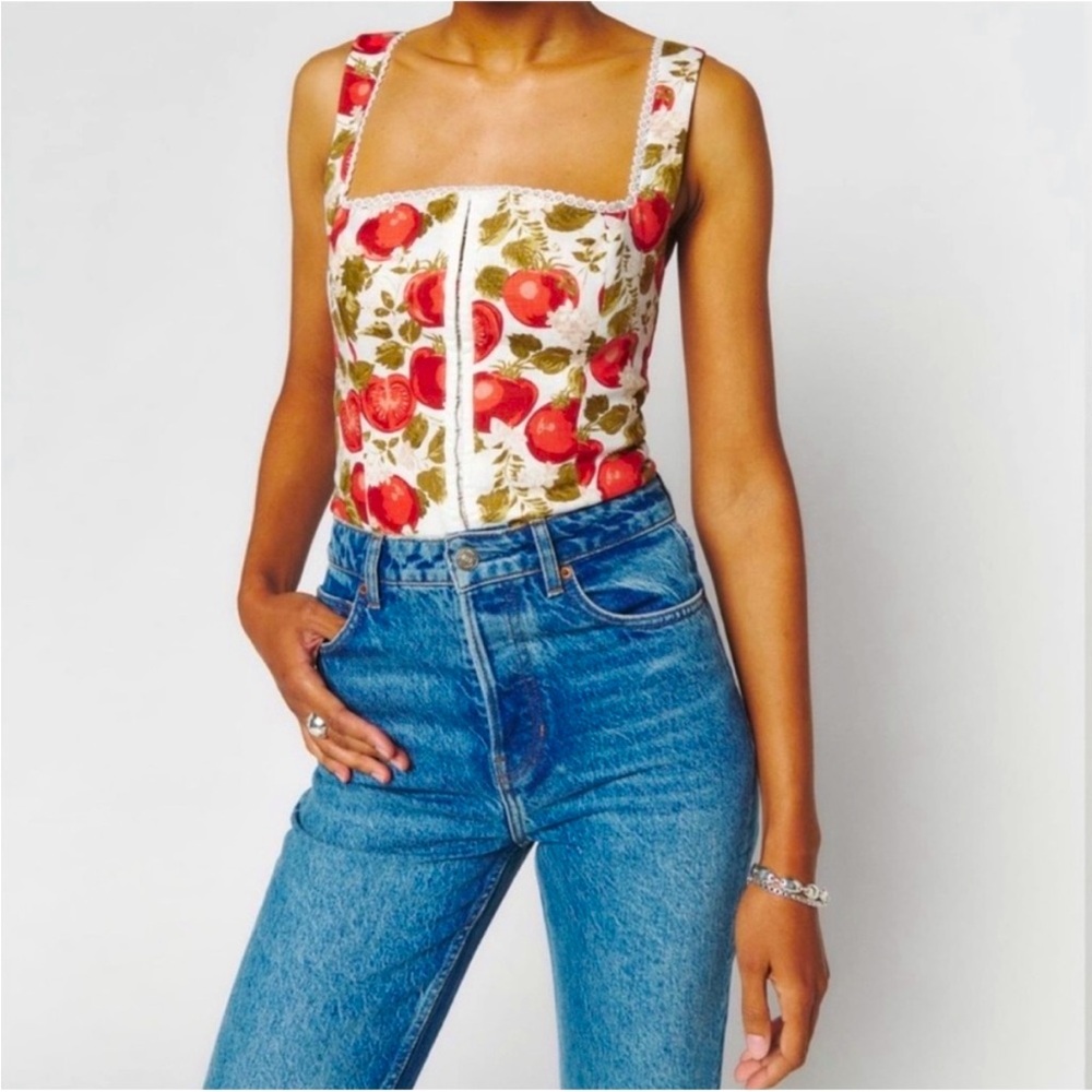 Reformation White Square-Neck Fruit Print Corset Tank